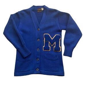 Vintage 1940s Blue Muncie, IN High School Knit Letterman Sweater Cardigan G Worl